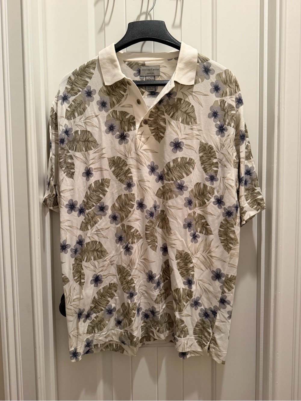 Cutter & Buck Beige Polo with Olive Leaf and Blue Floral Print
